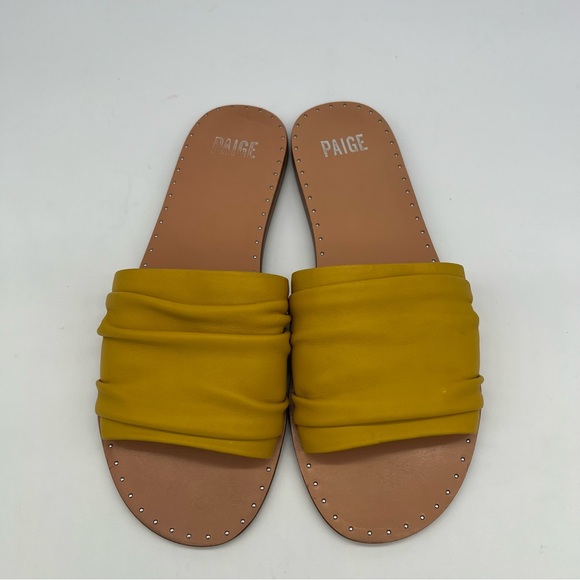 PAIGE Emilia Leather Slide Sandals Mustard Yellow Ruched Band Womens 8.5 US - Picture 6 of 13
